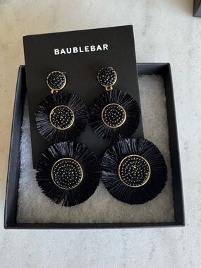 BaubleBar Black and Gold Tassel Disc Drop Earrings